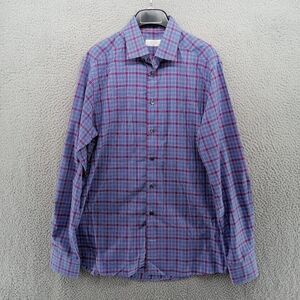 Eton Shirt Mens Large 16.5/34.5 Blue Red Micro Check Plaid Slim Fit Sport Casual